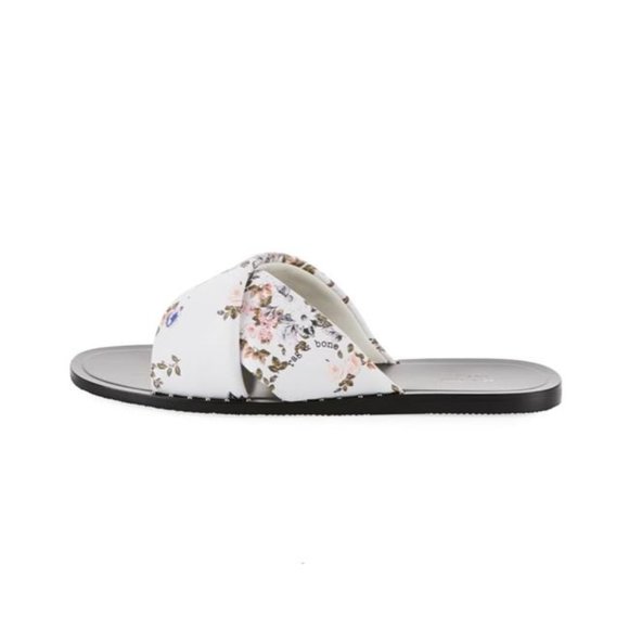 Rag & Bone Keaton Slide Flats Sz 37 White Floral Print Criss-cross Vamp Leather - Picture 2 of 12